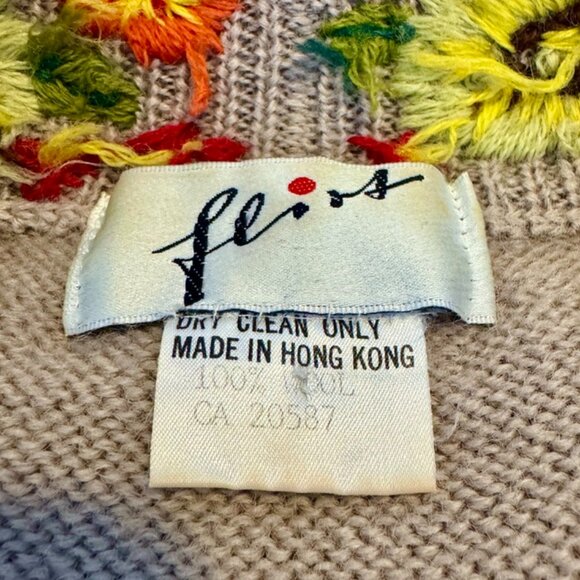 90s Vintage 100% Wool Tan Light Brown Floral Embroidered Shrug Sweater - Picture 6 of 8